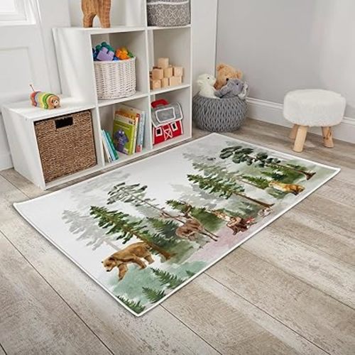 HawSkgFub Baby Toddler Boy Girl Woodland Animals Friends Playroom Area Rug, Bear Deer Fox Pine Trees Non Slip Nursery Play Mat Carpet, Neutral Kids Bedroom Living Room Classroom Decor