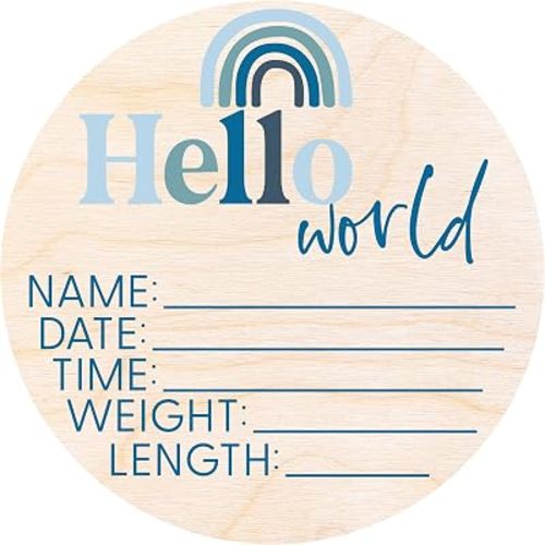 Hello World Newborn Sign - Baby Name Birth Announcement Plaque for Hospital - Photo Prop - Blue Nursery Decor - Shower Gift