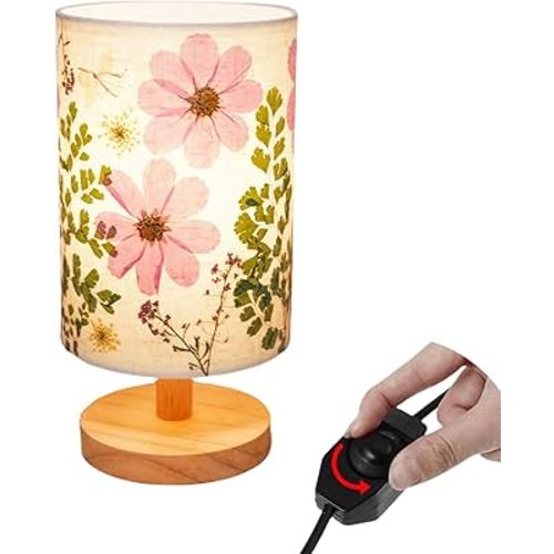 Dried Flowers Small Table Lamp 9W LED Dimmable Warm Light Pressed Flower Bedside Lamp Linen Shade with Wood Base for Bedroom Living Room Desk Nursery
