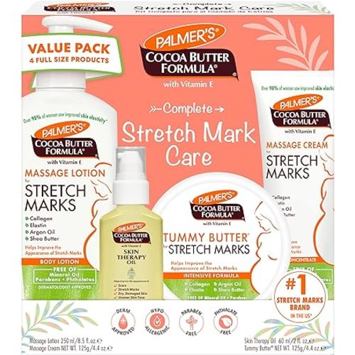 Palmer's Cocoa Butter Formula Pregnancy Skin Care Kit for Stretch Marks and Scars, Dermatologist Approved, Gift for Mom to Be, 4 Piece Full Size Set