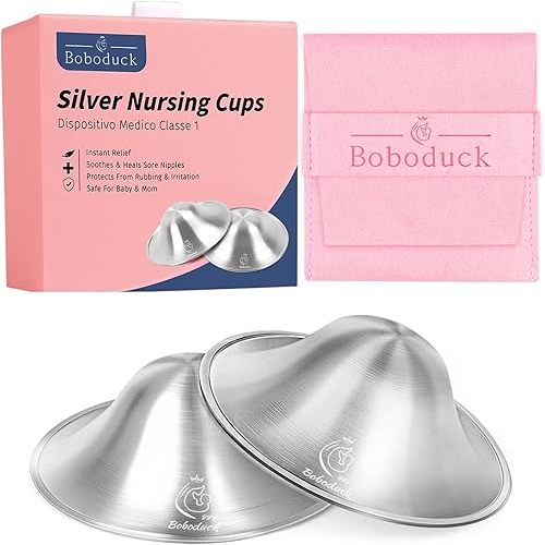 Boboduck The Original Silver Nursing Cups - 999 Silver Nipple Covers Breastfeeding - Protect and Soothe Sore Nipples - Breastfeeding Essentials Silver Nipple Guards with Soft Silicone Ring (Regular)