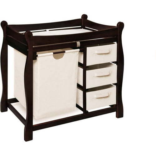 Badger Basket Sleigh Style Baby Changing Table with Hamper and 3 Baskets, Espresso, Includes Pad