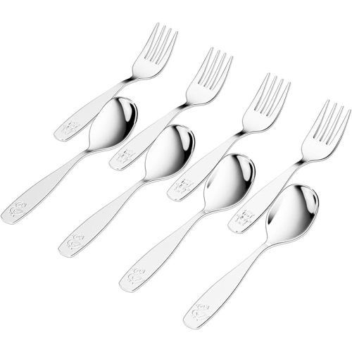 8 Pieces Toddler Utensils, Kids Stainless Steel Silverware Set - 4pcs Forks and 4pcs Spoon, Cute Children Flatware Sets with Mirror Polished, Self Feeding Safe, Dishwasher Safe