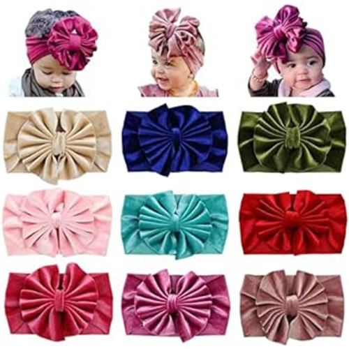 Cinaci 9 Pack Solid Soft Velvet Stretchy Knot Bowknot Hair Bows Wide Headbands Headwraps Autumn Winter Hair Accessories for Baby Girls Infants Toddlers Kids