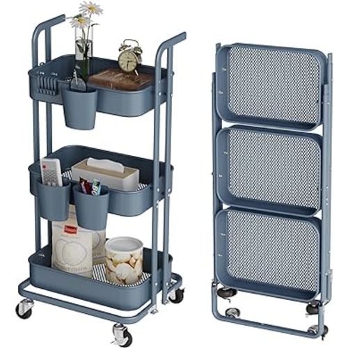 DTK 3 Tier Foldable Rolling Cart, Metal Utility Cart with Lockable Wheels, Folding Storage Trolley for Living Room, Kitchen, Bathroom, Bedroom and Office, Blue