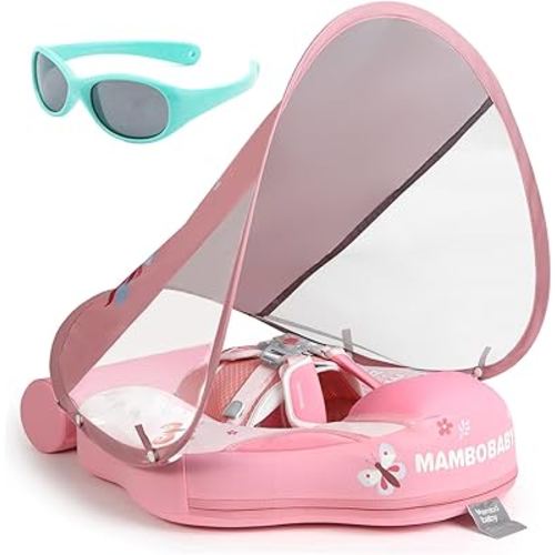 Big Buoyancy and Comfort Mambobaby Float with Canopy and Tail New Upgraded Non-Inflatable Baby Pool Float Mambo Float Swim Trainer Solid Infant Swim Float Adjustable Pearl Foam Baby Swim Ring