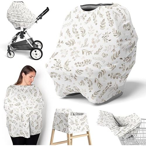 Sweet Jojo Designs Floral Leaf Boy Girl Infant Baby Car Seat Cover Nursing Breastfeeding Shopping Cart Stroller Canopy Taupe Beige Gender Neutral Boho Bohemian Watercolor Botanical Flower Woodland