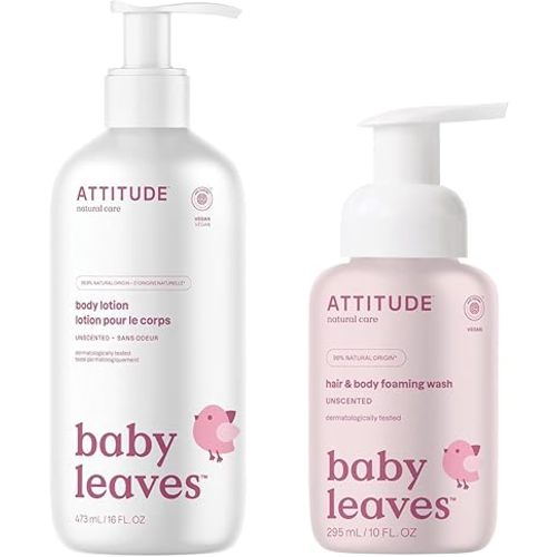 Bundle of ATTITUDE Hair and Body Foaming Wash for Baby, EWG Verified, Dermatologically Tested, Vegan, Unscented, 10 Fl Oz + Body Lotion for Baby, Unscented, 16 Fl Oz