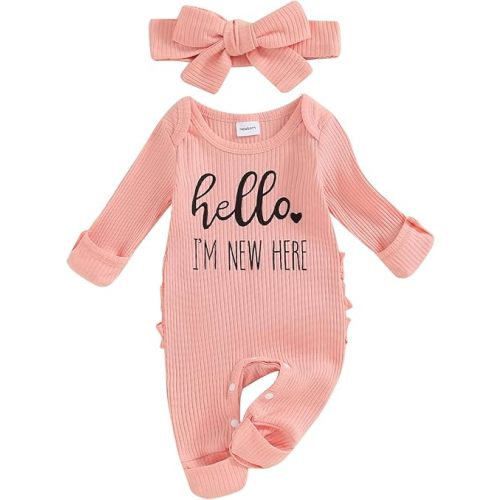 BULINGNA Newborn Baby Girl Coming Home Outfit Hello I'm New Here Ribbed Footie Romper Jumpsuit with Headband Fall Clothes