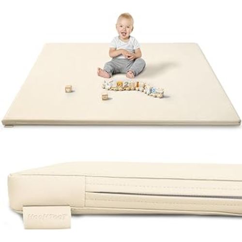 Foam Play Mat for Baby: PU Leather Waterproof Kids Playmat - Beige Baby Play Mats for Floor - Thick Play Mat for Playpen Padded Playpen Mattress Soft Infant Mat for Preschool (Beige Foam mat)