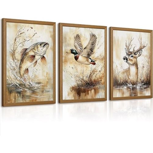 Vintage Animal Wall Art Baby Boy Room Canvas Wall Decor Farmhouse Animal Posters Kids Nursery Hunting Art Prints Rustic Deer Fish Pictures Mallard Duck Painting for Bedroom 12x16x3 Inch Framed