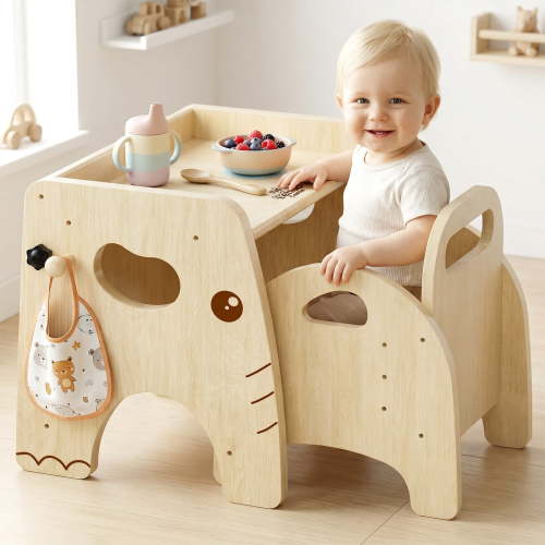 Montessori Weaning Table and Chair Set, Adjustable Design, Elephant Theme Wooden Toddler Table and Chair Set for Toddlers 1-3, Ideal for Mealtime, Learning and Play, Kids Montessori Furniture