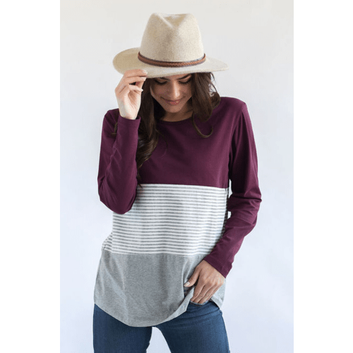 Long Sleeve Cotton Nursing Top- 3 Block- Wine