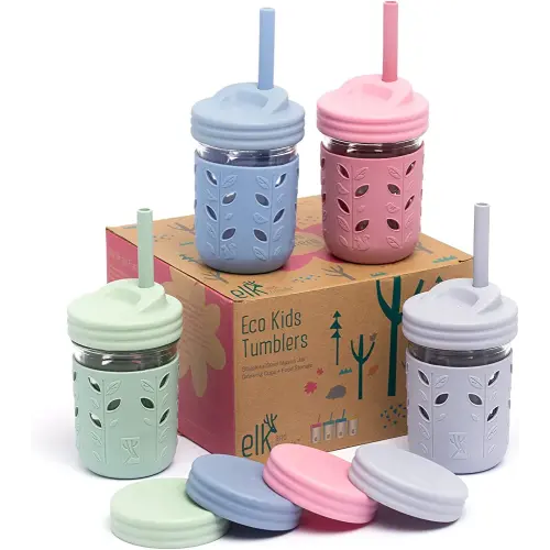 Elk and Friends Kids & Toddler Cups | The Original Glass Mason jars 8 oz with Silicone Sleeves & Silicone Straws with Stoppers | Smoothie Cups | Spill Proof Sippy Cups for Toddlers