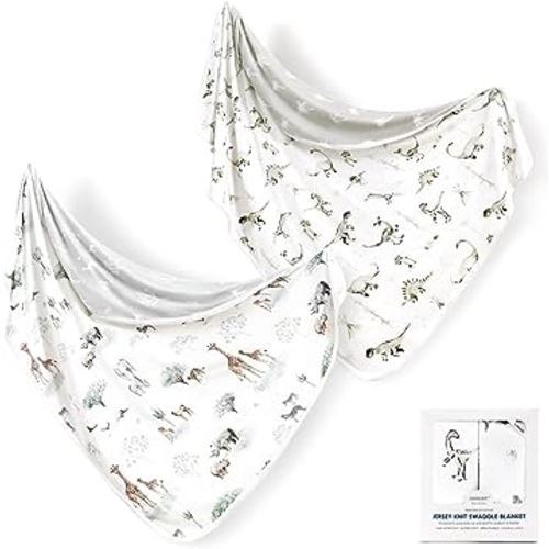 GRSSDER Baby Blankets Super Soft Stretchy Jersey Swaddle Blanket 2 Pack for Girls and Boys, Double Layer Reversible Receiving Blankets 34 x 44, Extra Large for Swaddling, Dinosaurs