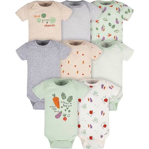 Gerber Baby 8-Pack Short Sleeve Onesies Bodysuits, Happy Veggies, 0-3 Months