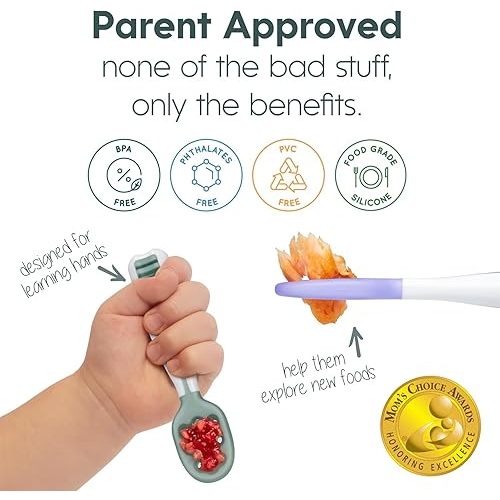 NumNum Baby Spoons Set, Baby Essentials Pre-Spoon GOOtensils for 6+ Months, First Stage Self-Feeding Spoons for Baby Led Weaning (BLW), Silicone Toddler Utensils, BPA-Free, 2 Pack Blue/Green