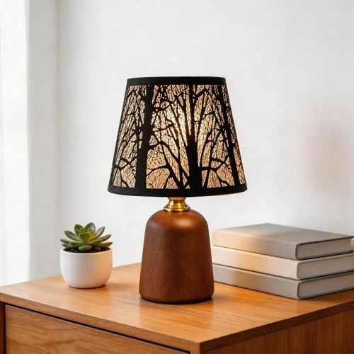 12.4" Rustic Forest Table Lamp, 3-Color Stepless Dimmable Bedside Lamp with Black Metal Tree Shade & Solid Wood Base, Small Decorative Light for Living Room Nightstand,Bulb Included