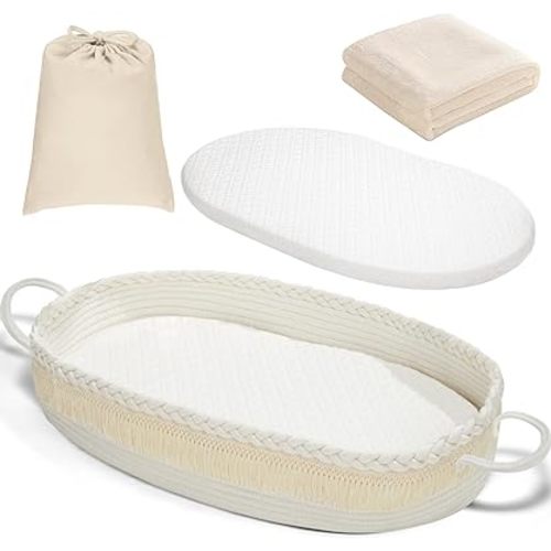 Baby Changing Basket, Moses Basket with Waterproof Pad and Blanket, Portable and Washable Woven Basket for Dresser and Diaper Changing Baby Nursery(white)
