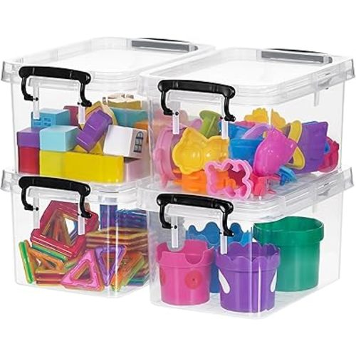 ITYLIFE CITYLIFE 4 Packs 3.5 QT Small Storage Bins with Black Handle Clear Plastic Bins with Reinforce Bottom Stackable Storage Containers for Organizing Art Supply, Craft Stuff, Markers, Small Toys