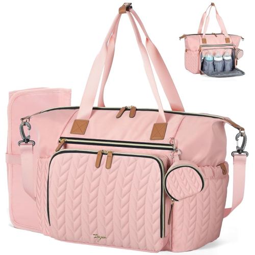 Diaper Bag Tote, Large Diaper Bags Waterproof, Hospital Bag for Labor Delivery, Baby Bag with Pacifier Case, Travel Diaper Tote with Changing Pad, Pink