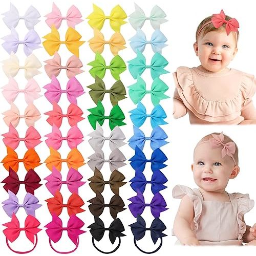 jollybows 40pcs Baby Girls Grosgrain Ribbon Hair Bows Headbands 4" Hair Band Hair Accessories for Infants Newborn Toddler