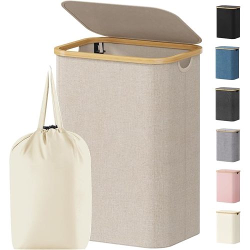 Lifewit 120L Laundry Basket with Lid, Clothes Hampers for Laundry with Bamboo Handles and 2 Removable Bag, Large Foldable Laundry Hamper for Bedroom, Bathroom, Dorm, Laundry Room, Beige