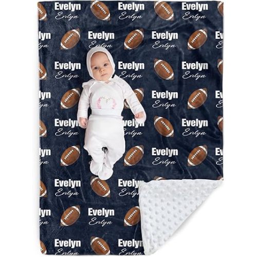 Personalized Football Blanket - Customized Name with Footballs Patterns - Soft Plush Flannel Blanket with Double Layer Dotted Backing for Baby Toddler Kids Teen Boys Girls Gifts Navy