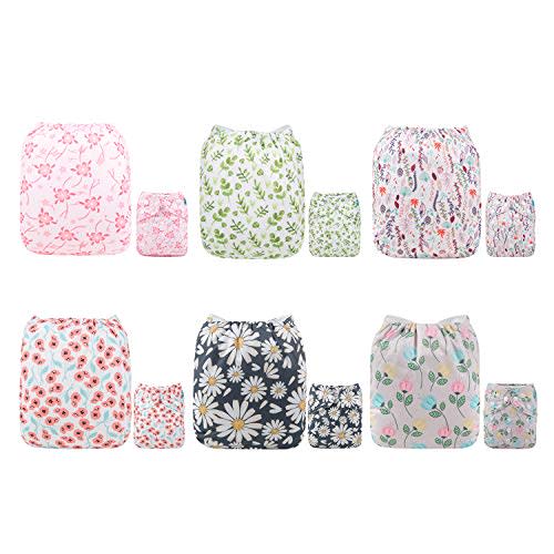 ALVABABY 6 Pack Cloth Diaper with 12 Inserts One Size Adjustable Washable Reusable Diaper Cover for Baby Girls and Boys Dinosaur