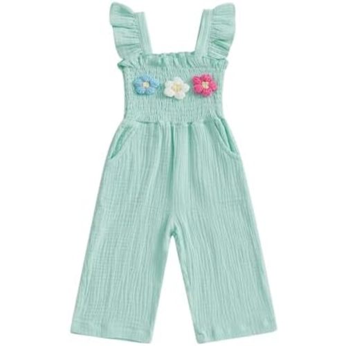 Toddler Wide Leg Romper Smocked Baby Girl Overalls Fly Sleeveless Crochet Flower Long Pants Jumpsuit Boho Clothes