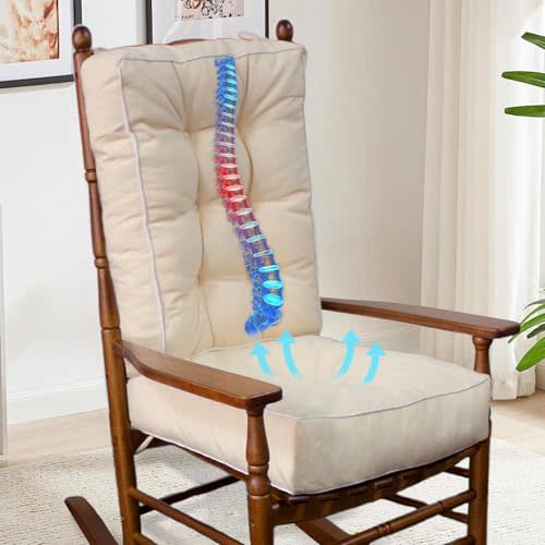 YZ HOME Rocking Chair Cushion, Set of Thicken Seat & Back Chair Cushions with Memory Foam, Non-Slip Chair Pad with Ties for for Indoor&Outdoor Rocker, Beige, 22x17x5/17x17x5