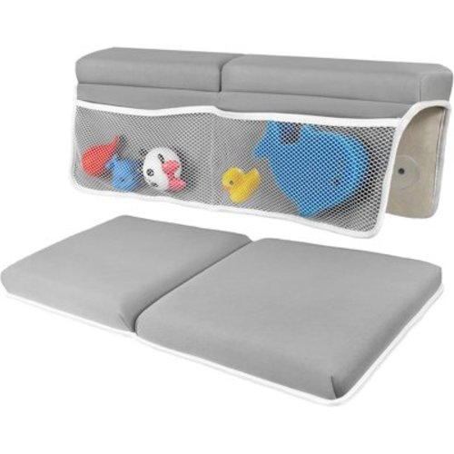 Baby Bath Kneeler and Elbow Rest Pad Set for Baby Bathing, Bathtub Edge Cushion with Non-Slip Quick Drying Kneeling Mat, Tub Arm Rest with Toy Organizer Pockets, Gray