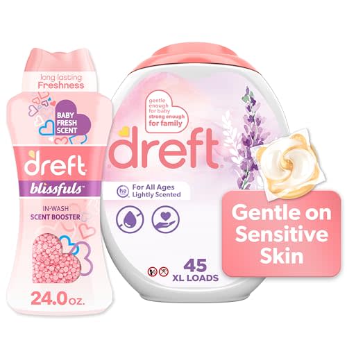 Dreft Laundry Bundle: Dreft Detergent Pacs, Lightly Scented, Lavender, HE Compatible, 45 Count + Dreft Blissfuls In-Wash Scent Booster Beads, Baby Fresh Scent, 24 oz