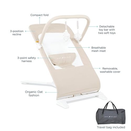 Baby Delight Alpine Deluxe Portable Bouncer, Infant, 0-6 Months, 100% GOTS Certified Cotton Fabrics, Organic Oat