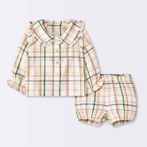 Baby Girls' Collar Plaid Long Sleeve and Shorts Set - Cloud Island™ Pink Newborn