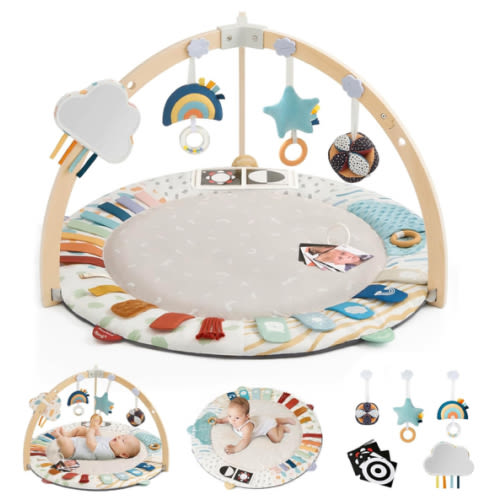 Blissful Diary Baby Play Gym & Activity Mat, 5 Developmental Zones Wooden Tummy Time Mat with 5 Detachable Sensory Toys for Motor Skills & Sensory Development, Baby Essentials Shower Gift