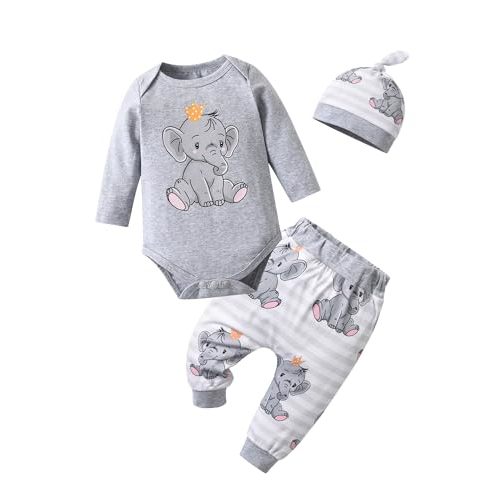 Siracend Newborn Infant Baby Boy Clothes Print Long Sleeve Bodysuit + Pants + Hat 3 PCS Outfits Set