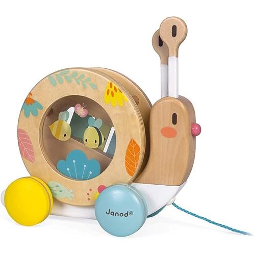 Janod Pure Pull Along Snail - Wooden 2-in1 Musical Toy - Ages 1+ - J05159