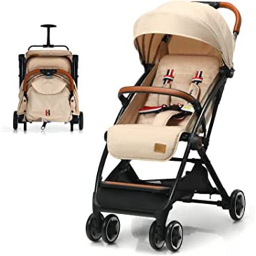 BABY JOY Lightweight Baby Stroller, Compact Toddler Travel Stroller for Airplane, Infant Stroller w/ 5-Point Harness, Adjustable Backrest/Footrest/Canopy, Storage Basket, Easy One-Hand Fold, Beige