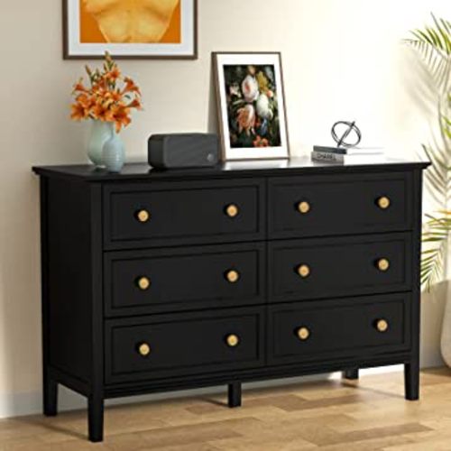 CARPETNAL Black Dresser for Bedroom, Modern 6 Drawer Double Dresser with Wide Drawers and Metal Handles, Wood Storage Dressers & Chests of Drawers for Hallway, Entryway