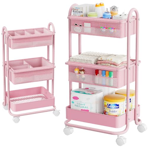 Modanais Baby Diaper Caddy Organizer Cart - 3 Tier Rolling Cart, Pink | Lockable Wheels, Baby Essentials Nursery Storage, Detachable Dividers - for Crib, Bedroom, Art & Craft Organizer