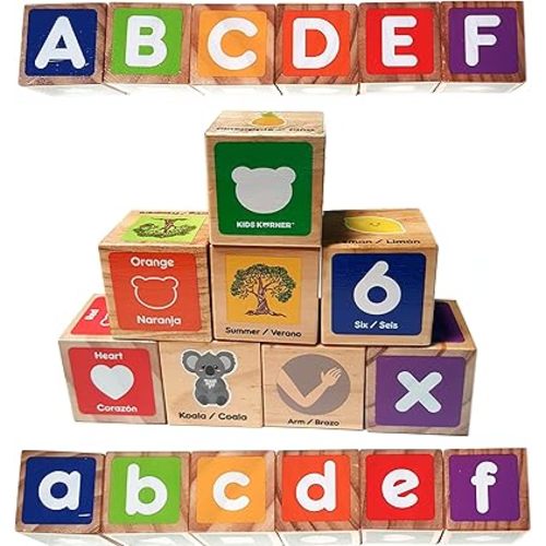 Alphabet Blocks Toys for Toddlers - Bilingual Educational Toys, Spanish Learning Toys, Stacking Toys with 30 Wooden Blocks and Toddler Learning Activities eBook