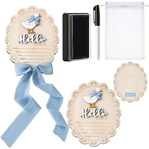 Goose Baby Announcement Sign 7 Inch Double Side Wood Hello World Newborn Sign with Organza Bag Marker Pen Ink Pad Ribbon Bow for Baby Shower Hand Footprint Photo Prop (Goose,Blue Bow)