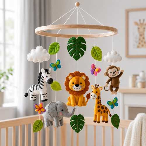Safari Baby Crib Mobile, Felt Jungle Nursery Mobile, Animal Nursery Decor, Handmade Felt Baby Mobile, Baby Shower Gift