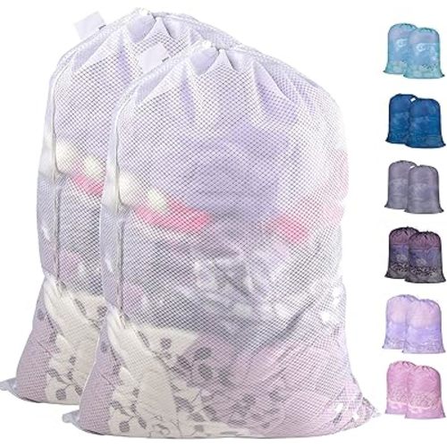 Polecasa Diamond Mesh Laundry Bags,2Pcs 30 x 36 inches Heavy Duty Mesh Laundry Bags with ID Tag and Drawstring Closure, Extra Large Laundry Hamper Liner, Laundry Bag for Travel, Sports,Dorms (White)