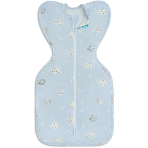 Love To Dream Swaddle UP Lite, Luxuriously Silky Soft Viscose from Bamboo, Snug Fit Helps Calm Startle Reflex, New Born Essentials for Baby, 0.2 TOG, 8-13 lbs, Light Blue Superstar