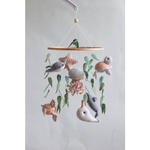 Ocean baby mobile. Nautical baby mobile. Ocean baby mobile with Narwhal, Jellyfish, Turtle, Stingray fish, Shark, Starfish and Puffer fish