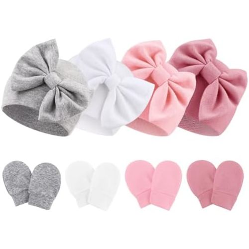 Baby Hats and Mittens Set Toddler Bow Beanie Infant Cap Newborn Hospital Hats for Baby Boys Girls Essentials 0-6 Months