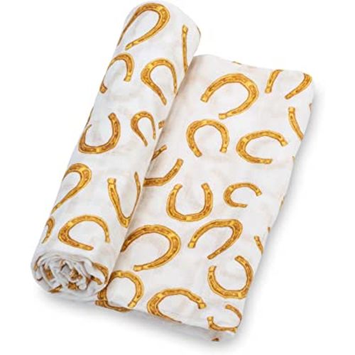 LollyBanks Baby Blankets, 100% Muslin Cotton Swaddle Blanket for Boys, Large 47 x 47 Inches Newborn Swaddle, Soft and Breathable Baby Receiving Blankets, Baby Essentials, Registry (Horseshoe Print)