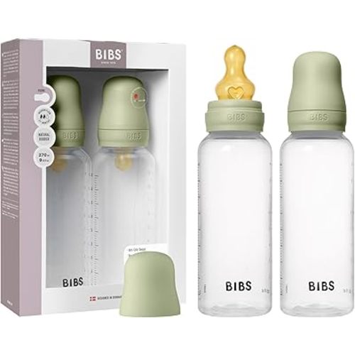 BIBS Baby Bottle 270 ml Latex Nipple 2 Pack - Anti-Colic, BPA-Free, Round Nipple, Lightweight & Easy to Clean, Suitable for Newborns 0+ Years - Sage